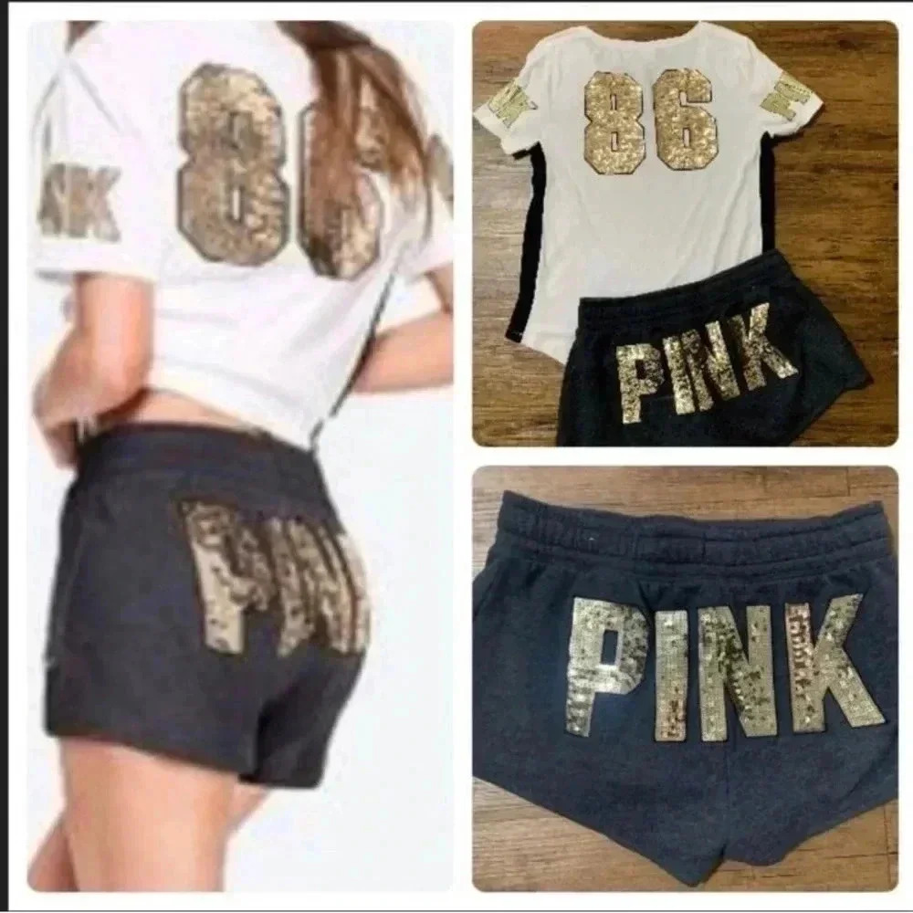 VS PINK BLING 86  SHIRT/ RETRO SHORTS OUTFIT XS/M